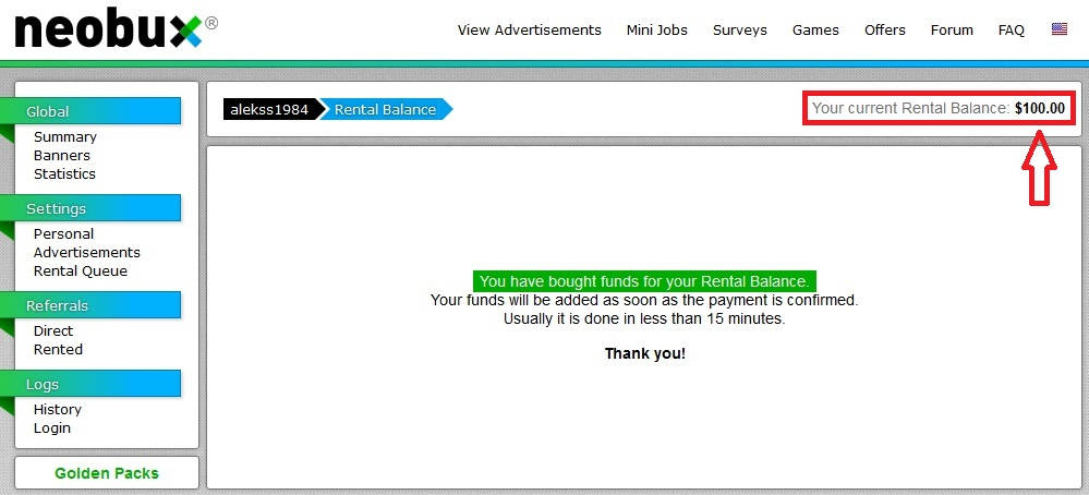 зачисление денег на рентал баланс как пополнить баланс на neobux (шаг7)